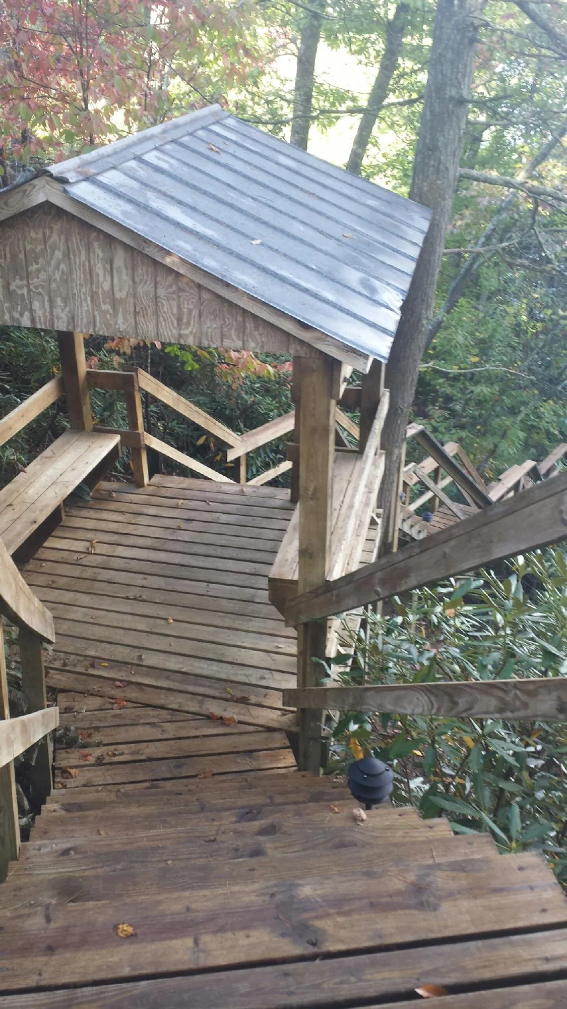 Metal roofed shelter over wooden steps on a wooded walkway — Skylight Repair & Installation work by our crew in Theresa